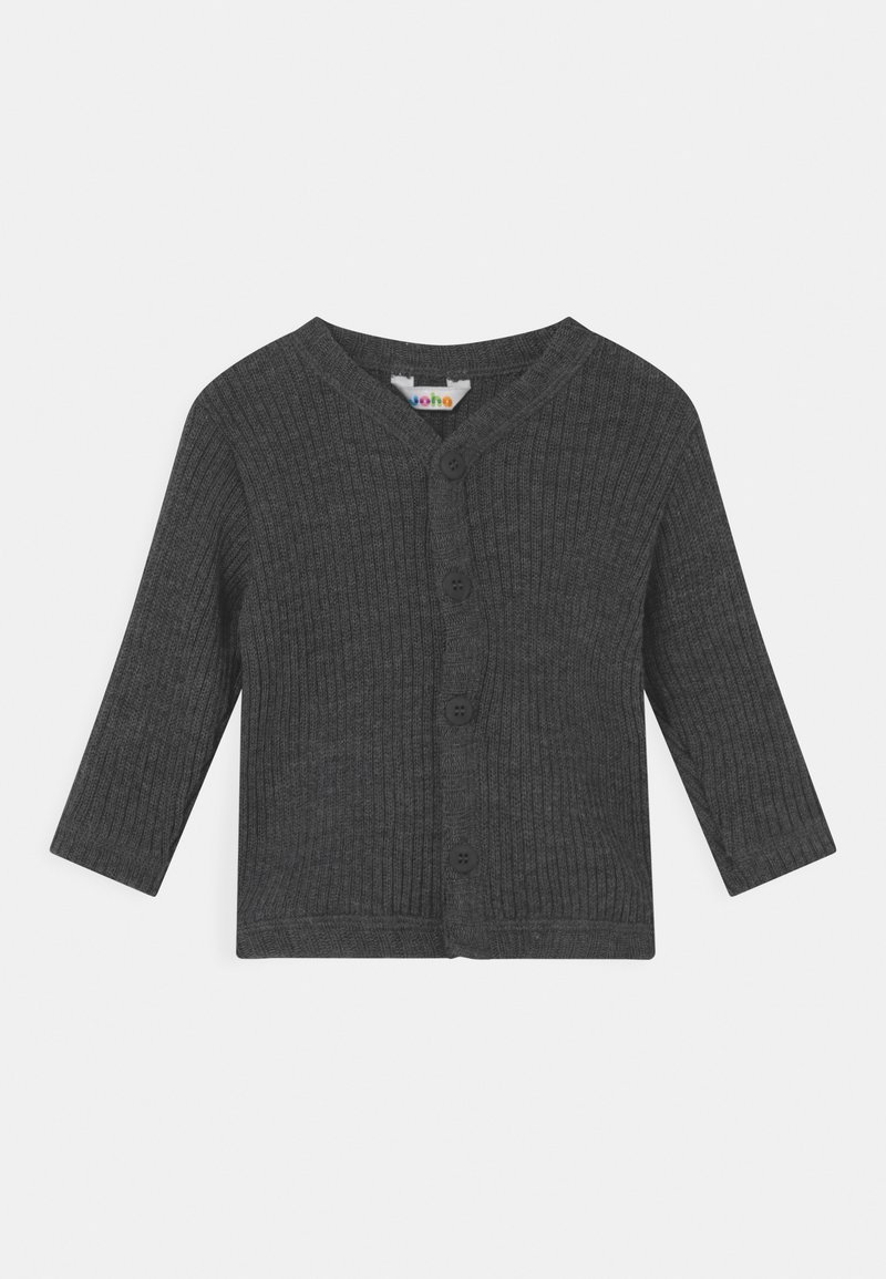 Rippiger, dunkelgrauer Cardigan mit V-Ausschnitt, fünf Knopfverschluss und langen Ärmeln. Aus weichem Material mit strukturierten Details gefertigt.