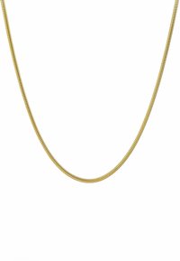 Collana in catena a forma di serpente color oro, caratterizzata da un design liscio e arrotondato con una texture uniforme e una struttura flessibile, che offre un aspetto senza soluzione di continuità.