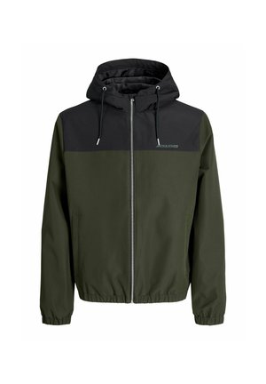 Hooded jacket with a black upper and dark green lower section. Features a zip front, elastic cuffs, and drawstring hood. Smooth fabric texture.