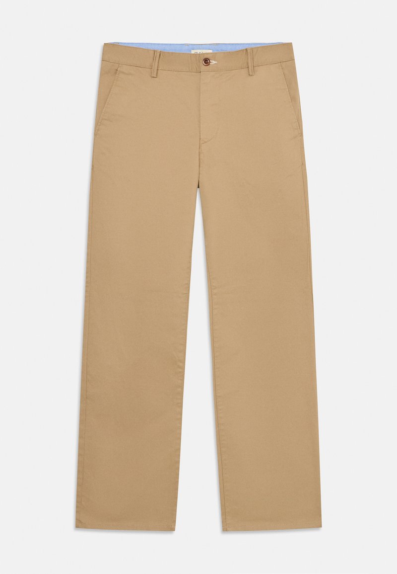 Beiga, raka chinos med dragkedja, knappstängning och snedställda fickor. Tillverkade av bomull, med en mjuk textur och rena linjer.