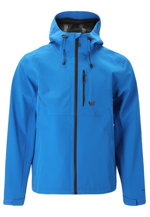 Veste imperméable bleue avec fermeture éclair sur le devant, capuche réglable et fermetures éclair noires contrastantes. Elle présente un logo et une poche sur la poitrine. Texture lisse.