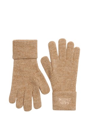 Par de guantes de punto beige con textura acanalada y puños doblados, un puño bordado con el logo "Super Dry".
