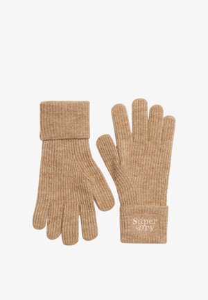 Para beżowych, dzianinowych rękawiczek o prążkowanej fakturze i podwiniętych mankietach, jeden mankiet ozdobiony logo "Super Dry".