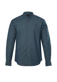 Heren bovenkleding met knopen in donkerblauw, met een gestructureerd patroon, kraag, lange mouwen en een klein geborduurd logo op de borst.