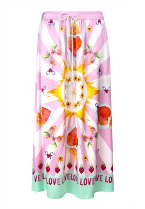 Long, pink skirt made of soft fabric featuring a vibrant sun graphic with hearts, flowers, and butterflies, accented with the word "LOVE."