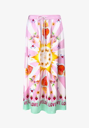 Long, pink skirt made of soft fabric featuring a vibrant sun graphic with hearts, flowers, and butterflies, accented with the word "LOVE."