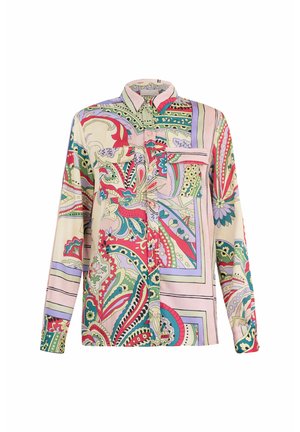 Long-sleeve shirt in a lightweight fabric featuring a colorful paisley and geometric print with a button-down front and chest pocket.