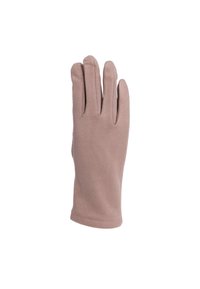 Guanti in pile di colore beige morbido, design aderente con quattro dita separate, texture liscia e senza hardware o accenti visibili.