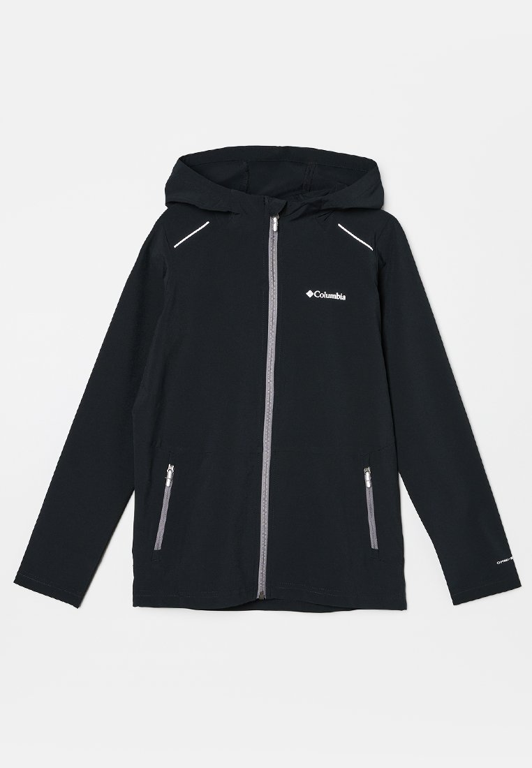 Schwarze Columbia Kapuzenjacke mit durchgehendem Reißverschluss, zwei seitlichen Reißverschlusstaschen und reflektierenden Details an Schultern und Reißverschlüssen.