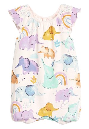Rampers dziecięcy z kolorowym, zabawnym wzorem słoni i tęczy na białym tle oraz falbanowymi rękawkami.
