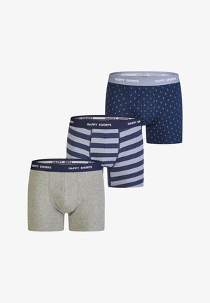 Set mit drei Boxershorts: grau, marineblau mit weißen Ankern und blau gestreift. Alle verfügen über elastische Taillenbündchen mit dem Aufdruck "HAPPY SHORTS".