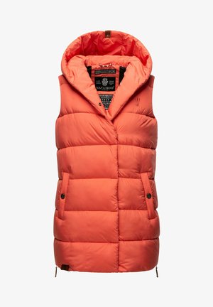 Padded sleeveless vest in bright orange, featuring a detachable hood, two side pockets, and a zippered bottom with button accents.
