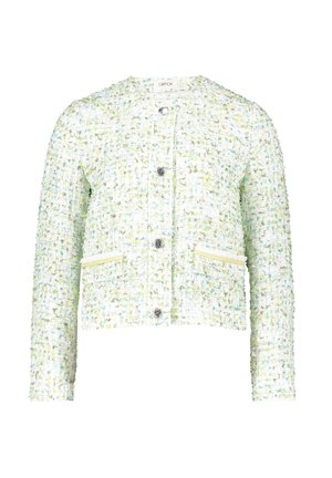 Short, cropped jacket in textured green and white fabric with subtle blue and yellow threads. Features two front pockets and silver buttons.
