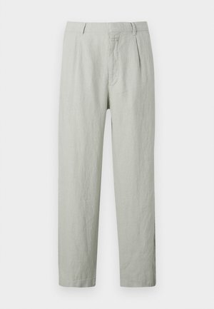 Light gray linen trousers with a relaxed fit, featuring front pleats, side pockets, and a straight leg design. Smooth texture.