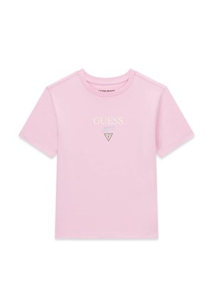 Camiseta de manga corta color rosa claro con cuello redondo, con texto "GUESS jeans" y un pequeño logo triangular en el centro del frente.