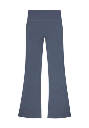 Flared grey leggings with a textured fabric, high waistband, and contrasting stitching. Features pockets on the sides.