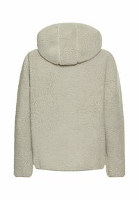 Lichtgrijze fleece hoodie met een zachte, gestructureerde buitenkant, voorzien van een capuchon en een losse pasvorm. Geen zichtbare sluitingen of patronen.