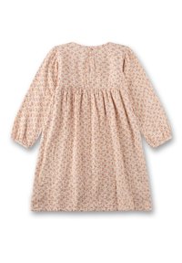 Langärmeliges Kleid aus weichem, strukturiertem pfirsichfarbenem Stoff mit kleinen Blumenmustern. Verfügt über eine geraffte Taille und eine Knopfleiste auf der Rückseite.