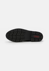 Semelle de chaussure en caoutchouc noir avec une surface texturée présentant un motif hexagonal et des crampons prononcés, portant la marque "rieker" en rouge.