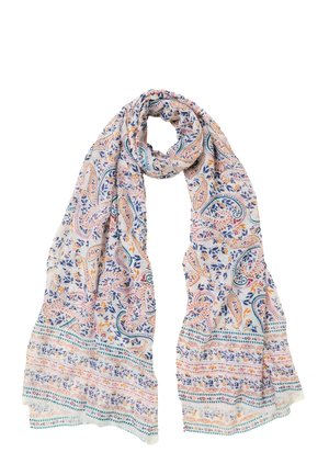 Leichter Schal mit einem Paisley-Muster in Pastellfarben, mit floralen Akzenten und Borten mit unterschiedlichen Designs, aus weichem Stoff gefertigt.