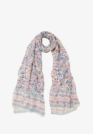 Kevyt huivi, jossa on paisley-kuvio pastellisävyissä, kukkaisia yksityiskohtia ja eri kuvioisia reunoja, valmistettu pehmeästä kankaasta.