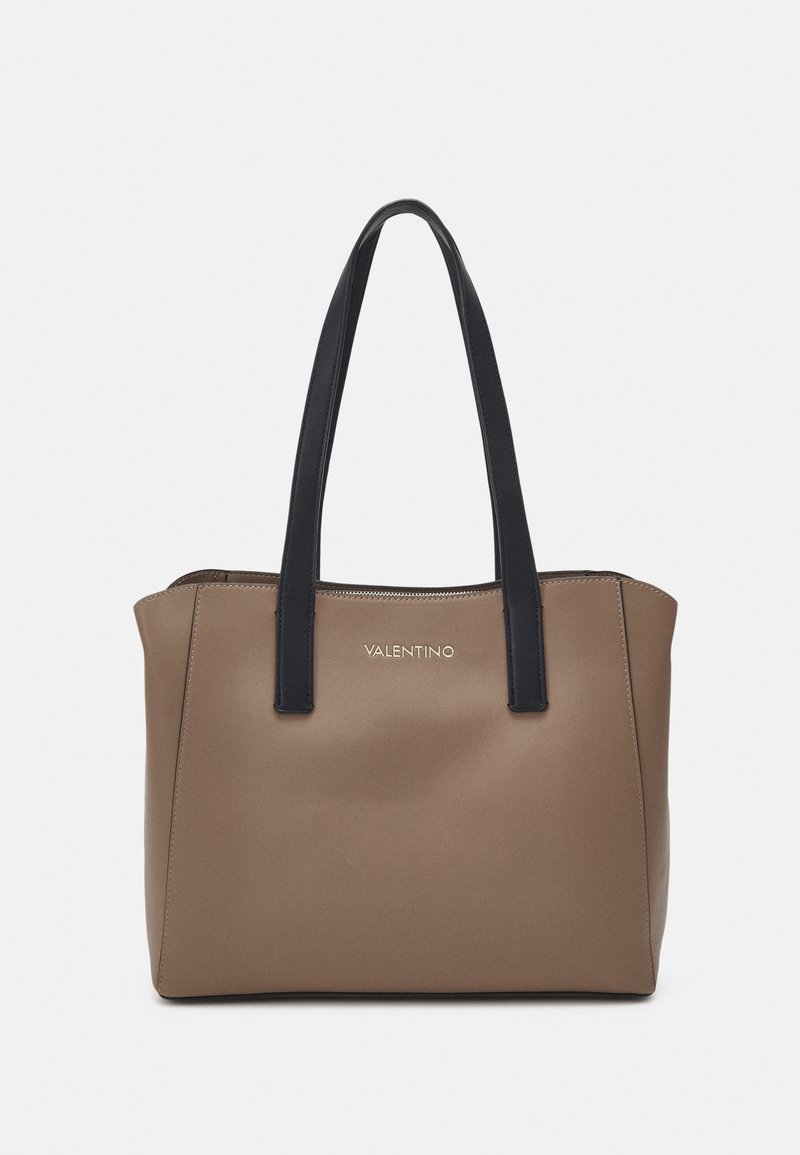 Brown Valentino tote bag with black handles, a zippered top, and gold logo on the front against a plain white background.