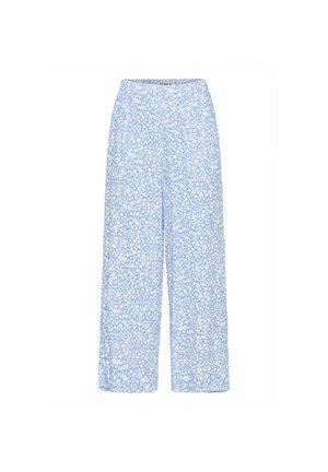 Light blue wide-leg pants with a floral pattern in white. Elastic waistband and flowing fabric with a relaxed fit. Perfect for casual wear.