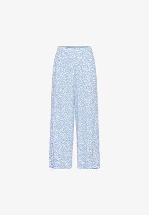Light blue wide-leg pants with a floral pattern in white. Elastic waistband and flowing fabric with a relaxed fit. Perfect for casual wear.