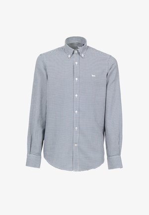 Srajca z gumbki v modro-beli šahovnici. Dolgi rokavi, strukturiran ovratnik in majhna značka na predelu žepa.
