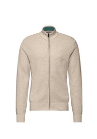 Chaqueta de punto beige con cremallera, diseño de punto texturizado, cuello alto forrado en verde azulado y puños y dobladillo acanalados. Presenta un logotipo en el pecho.