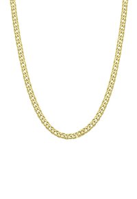 Collier en métal doré composé de maillons entrelacés, avec une texture lisse et brillante, et un design uniformément plat.