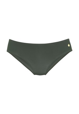 Dark green seamless bikini bottoms with a small gold circular charm on the right side.