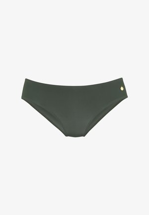 Dark green seamless bikini bottoms with a small gold circular charm on the right side.