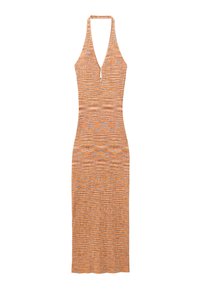 Robe maxi sans manches en maille chinée orange et violet avec col halter et décolleté plongeant en V.