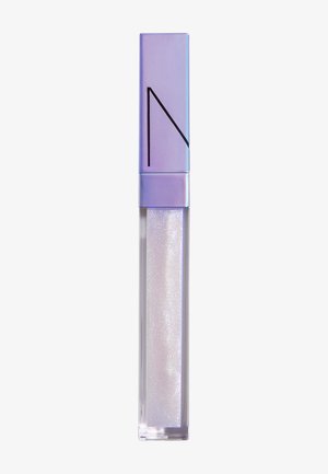 Doorzichtige lipgloss in een transparante tube met een reflecterende paarse dop. Bevat glinsterende, iriserende deeltjes voor een glanzende afwerking.