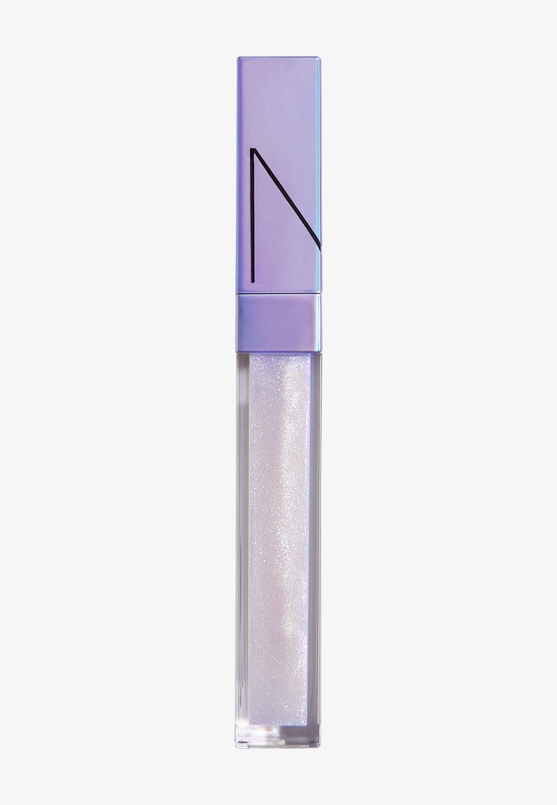 Doorzichtige lipgloss in een transparante tube met een reflecterende paarse dop. Bevat glinsterende, iriserende deeltjes voor een glanzende afwerking.