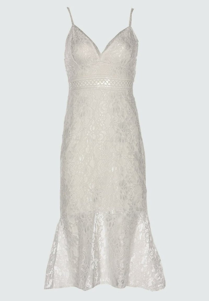 Robe en dentelle blanc cassé avec un corsage ajusté, des bretelles spaghetti et un ourlet évasé. Présente un motif floral texturé et des détails en dentelle.