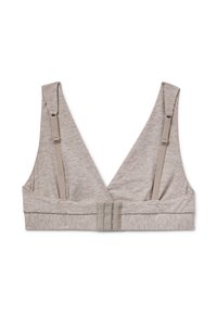 Reggiseno in morbido tessuto beige chiaro con spalline regolabili e chiusura posteriore a tre ganci, posato su uno sfondo bianco.