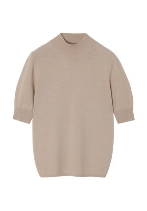 Beige kötött pulóver rövid ujjakkal és magas állógallérral. Puha tapintás, laza fazon és varrás nélküli kivitel, látható fémrészek nélkül.