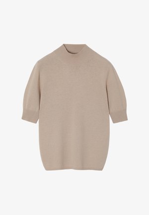 Beige neulepaita, jossa on lyhyet hihat ja korkea mock-kaarroke. Pehmeä tekstuuri, rento istuvuus ja saumaton muotoilu ilman näkyvää metalliosaa.