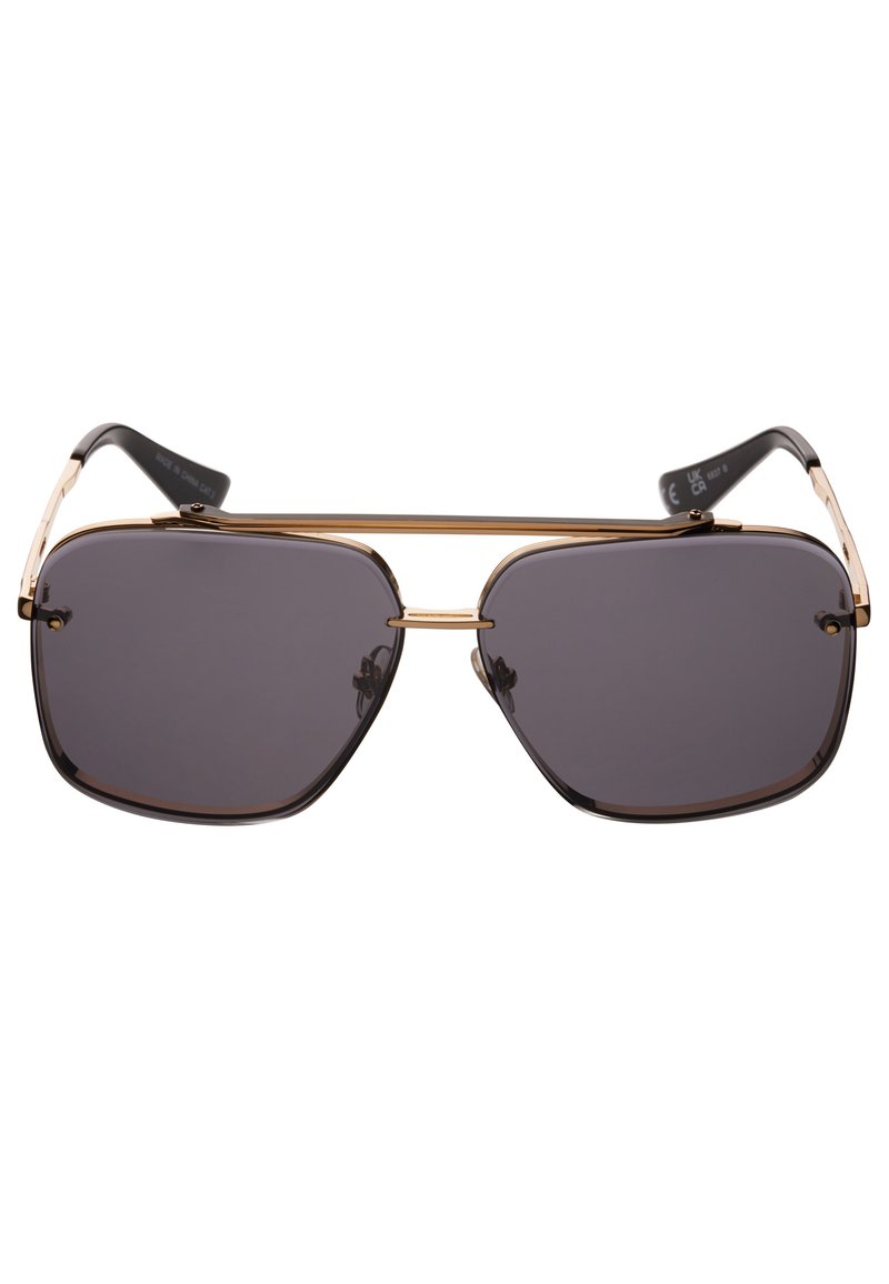 Occhiali da sole con montatura in metallo nera e oro, lenti ottagonali, lenti oscurate di colore grigio scuro e design a doppio ponte.