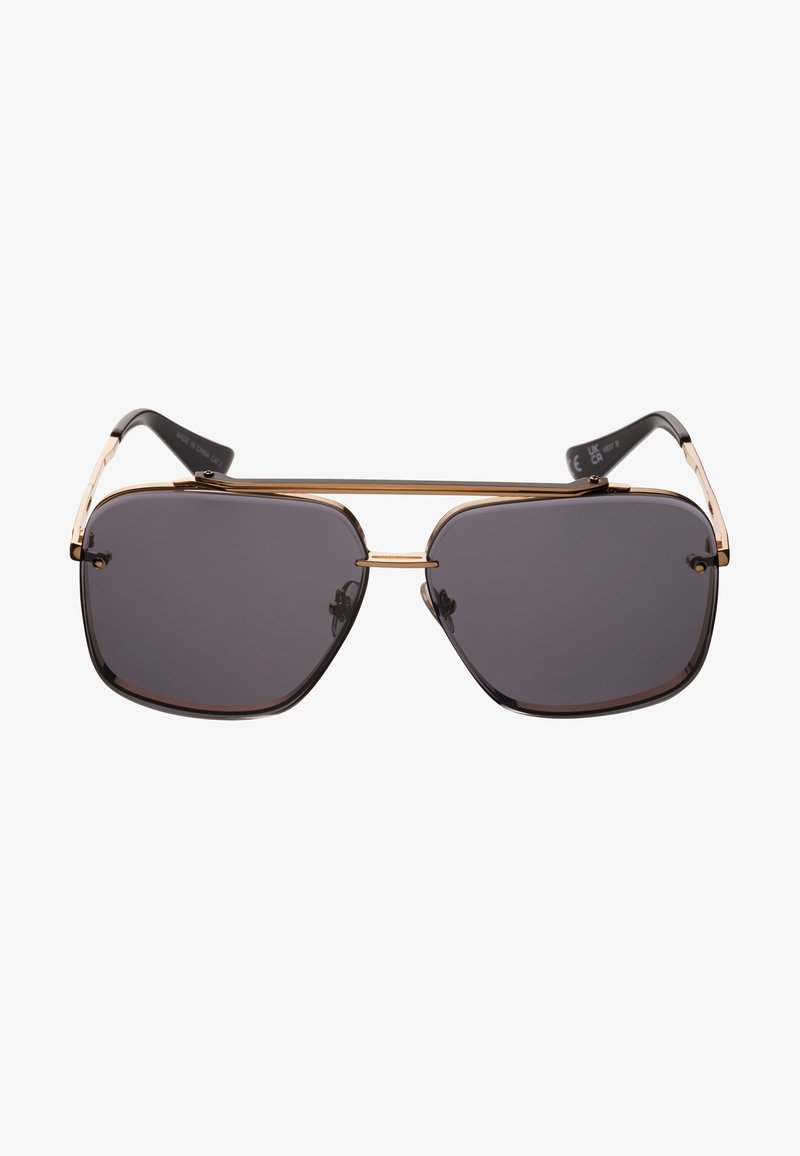 Occhiali da sole con montatura in metallo nera e oro, lenti ottagonali, lenti oscurate di colore grigio scuro e design a doppio ponte.