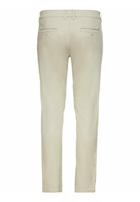 Lys beige bukser lavet af blødt stof, med slim fit, bæltesløjfer og to baglommer med knaplukninger.