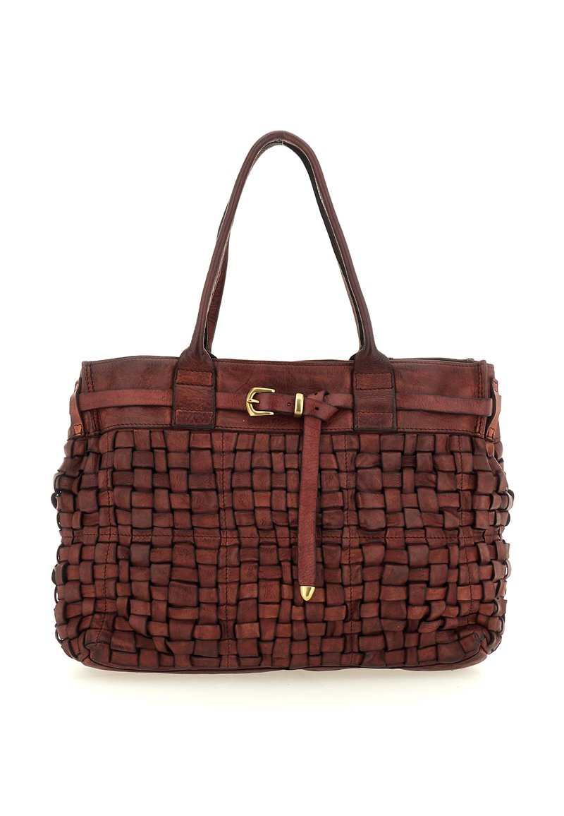 Borsa tote in pelle intrecciata di colore marrone scuro, con manici robusti, dettaglio con fibbia e superficie testurizzata. Dettagli in metallo dorato.