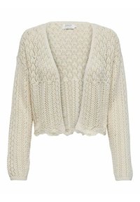 Lekki kremowy krótkowy kardigan z otwartym przodem, misternym wzorem dzianiny, długimi rękawami i falistym dołem, idealny do noszenia warstwowego.