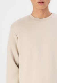 Beige långärmad sweatshirt med rundad halsringning och något lös passform. Mjuk, slät textur, minimal sömdetalj.