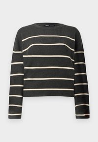 Dunkelgrauer langärmeliger Strickpullover mit cremefarbenen horizontalen Streifen und rundem Ausschnitt.