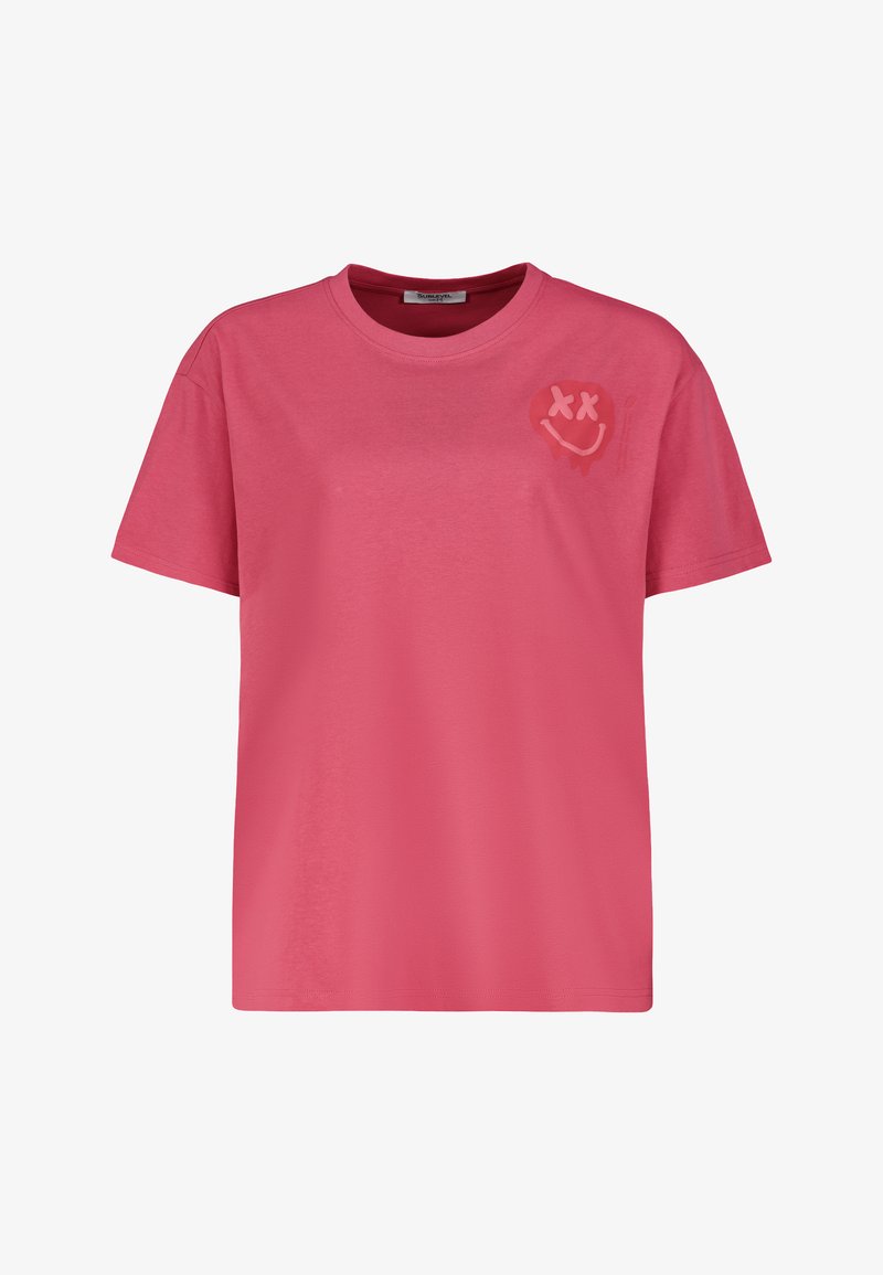 T-shirt mit kurzen Ärmeln und Rundhalsausschnitt aus leuchtend pinkem Baumwollstoff, mit einem dezenten lächelnden Totenkopf-Graphic auf der linken Brustseite.