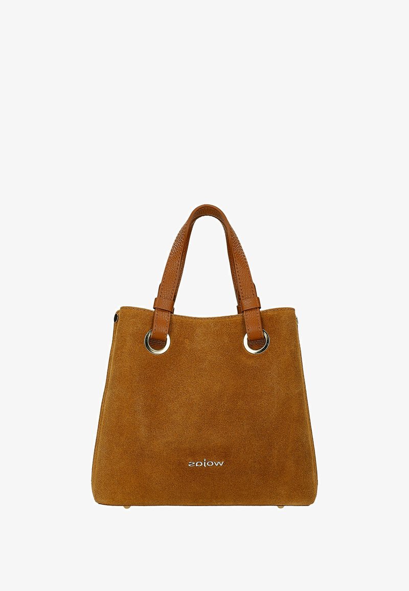 Hnědá semišová kabelka s koženými úchyty, stříbrnými kovovými kroužky a malým stříbrným logem značky uprostřed přední části.