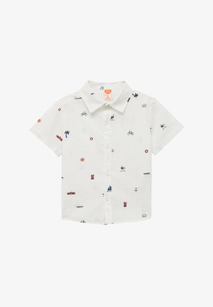 Kurzärmliges, weißes Baumwollhemd mit bunten maritimen Motiven, darunter Fahrräder, Boote, Sonne und Palmen; Knopfverschluss-Design.